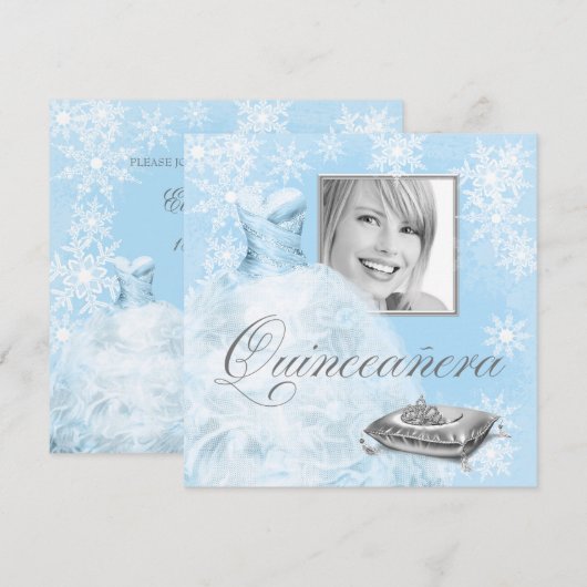Winter Blue Snowflake Foto Quinceanera Uitnodiging (Voorkant / Achterkant)