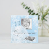 Winter Blue Snowflake Foto Quinceanera Uitnodiging (Staand voorkant)