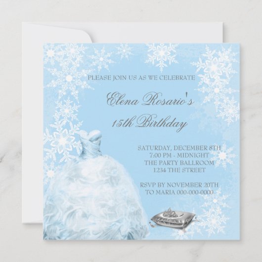 Winter Blue Snowflake Foto Quinceanera Uitnodiging (Achterkant)