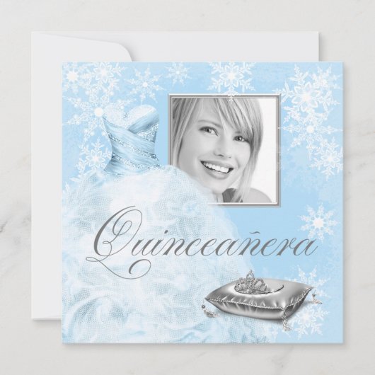 Winter Blue Snowflake Foto Quinceanera Uitnodiging (Voorkant)