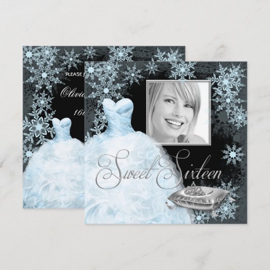 Winter Blue Snowflake Foto Sweet Sixteen Party Kaart (Voorkant / Achterkant)