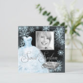 Winter Blue Snowflake Foto Sweet Sixteen Party Kaart (Staand voorkant)
