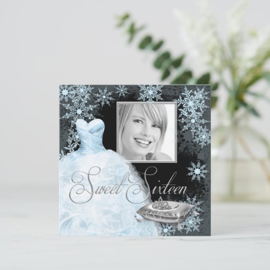 Winter Blue Snowflake Foto Sweet Sixteen Party Kaart (Staand voorkant)