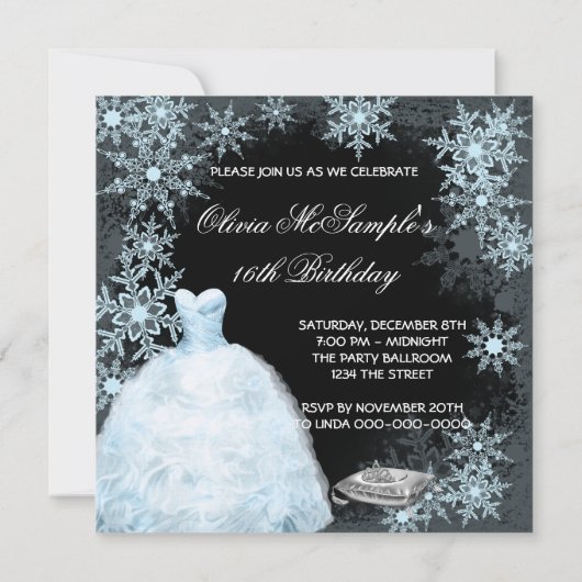 Winter Blue Snowflake Foto Sweet Sixteen Party Kaart (Achterkant)