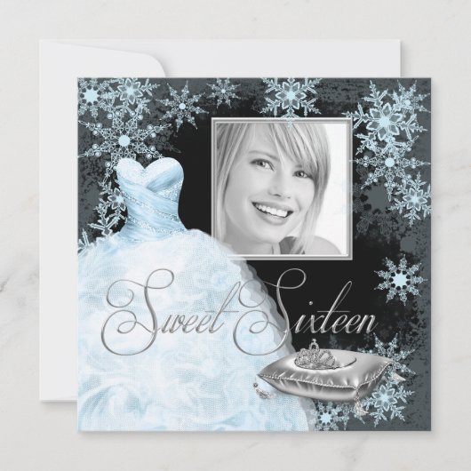 Winter Blue Snowflake Foto Sweet Sixteen Party Kaart (Voorkant)