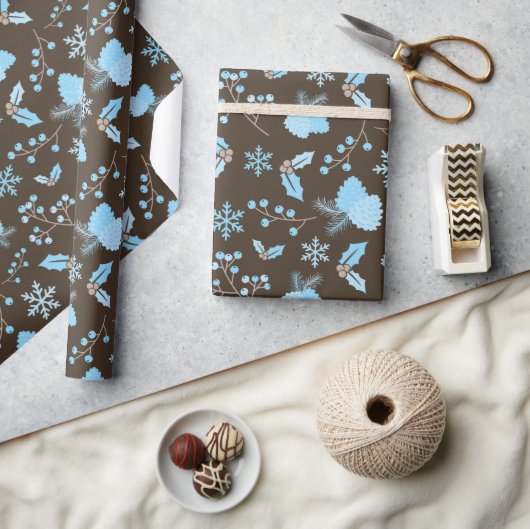 Winter Blue Snowflake Mistletoe Pinecone Naadloos Cadeaupapier (Crafts)