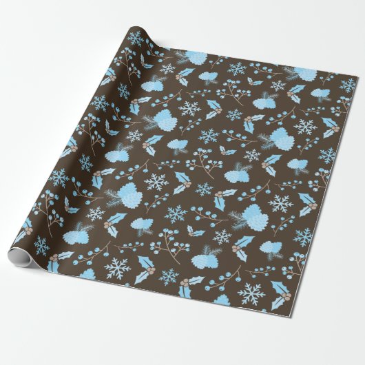 Winter Blue Snowflake Mistletoe Pinecone Naadloos Cadeaupapier (Uitgerold)