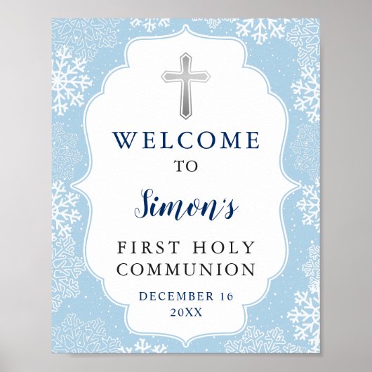 Winter Blue Snowflakes Boy First Heilige Communie Poster (Voorkant)