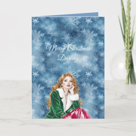 Winter Blue Snowflakes Christmas Red Head Girl Kaart (Voorkant)