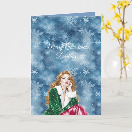 Winter Blue Snowflakes Christmas Red Head Girl Kaart (Gele Bloem)