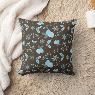 Winter Blue Snowflakes Mistletoe Pinecone Brown Kussen