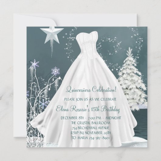 Winter Blue Snowflakes Quinceanera Uitnodigingen (Voorkant)