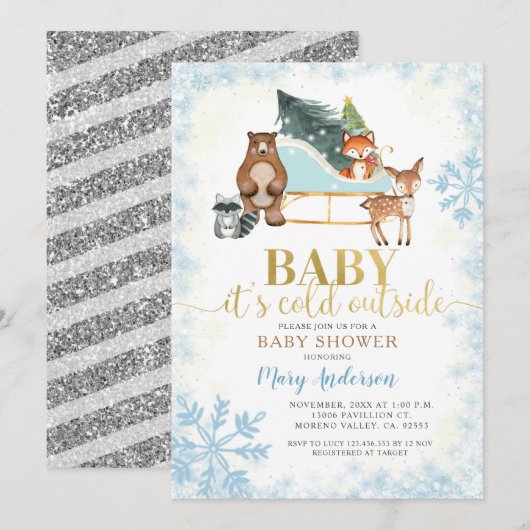 Winter Blue Snowflakes Woodland Baby shower Kaart (Voorkant / Achterkant)