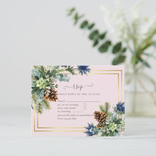 Winter Blue Thistle Eucalyptus Weddenschap Wonderl Briefkaart (Staand voorkant)