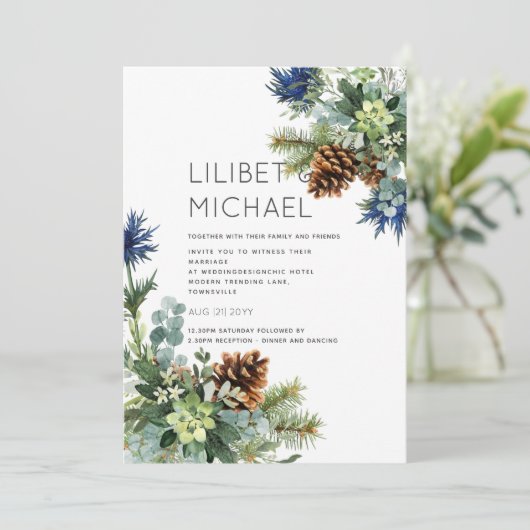 Winter Blue Thistle Eucalyptus Weddenschap Wonderl Kaart (Staand voorkant)