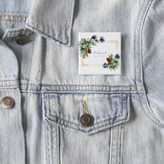 Winter Blue Thistle Eucalyptus Weddenschap Wonderl Vierkante Button 5,1 Cm (In situ)