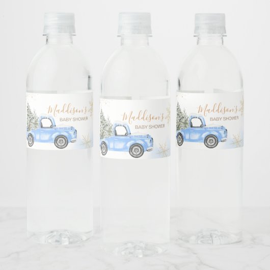 Winter Blue Truck Baby shower Waterfles Etiket (Flessen)