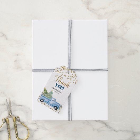 Winter Blue Truck Forest Favor Gift Label Cadeaulabel (Met Touw)