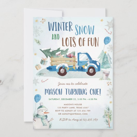 Winter Blue Truck Snow Fun Boy Eerste Verjaardag Kaart (Voorkant)