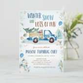 Winter Blue Truck Snow Fun Boy Eerste Verjaardag Kaart (Staand voorkant)