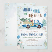 Winter Blue Truck Snow Fun Boy Eerste Verjaardag Kaart (Voorkant / Achterkant)