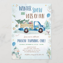 Winter Blue Truck Snow Fun Boy Eerste Verjaardag