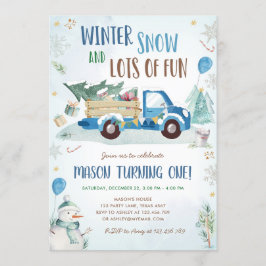 Winter Blue Truck Snow Fun Boy Eerste Verjaardag Kaart