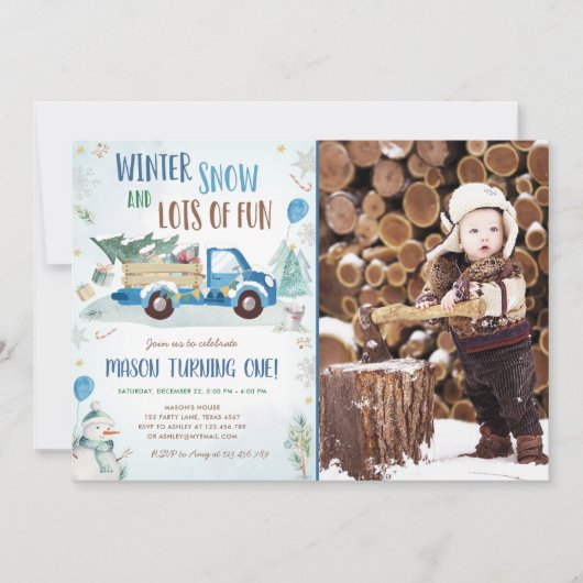 Winter Blue Truck Snow Fun Boy First Birthday Kaart (Voorkant)