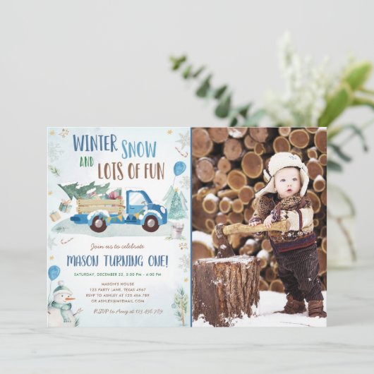 Winter Blue Truck Snow Fun Boy First Birthday Kaart (Staand voorkant)