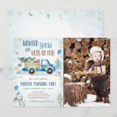 Winter Blue Truck Snow Fun Boy First Birthday Kaart (Voorkant / Achterkant)