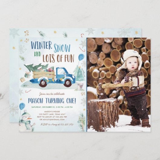 Winter Blue Truck Snow Fun Boy First Birthday Kaart (Voorkant / Achterkant)