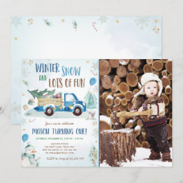 Winter Blue Truck Snow Fun Boy First Birthday Kaart