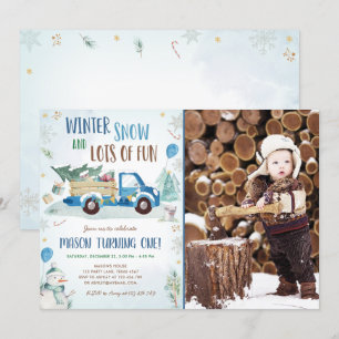 Winter Blue Truck Snow Fun Boy First Birthday Kaart
