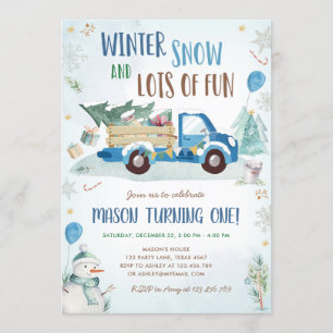 Winter Blue Truck Snow Fun Boy First Birthday Kaart