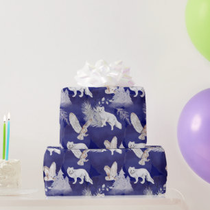 Winter Blue White Fox Owl Pine Trees Waterverf Cadeaupapier
