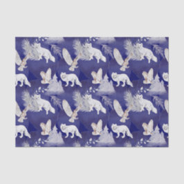 Winter Blue White Fox Owl Pine Trees Waterverf Tissuepapier