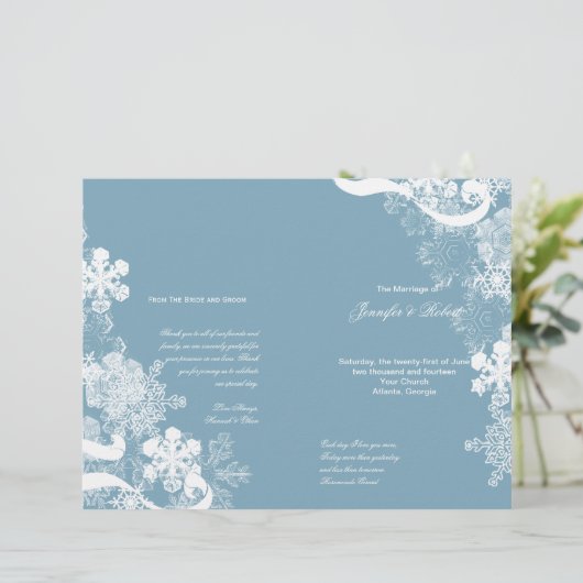 Winter Blue White Snowflake Wedding Programme (Staand voorkant)