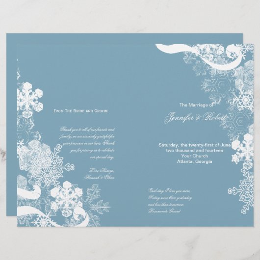 Winter Blue White Snowflake Wedding Programme (Voorkant / Achterkant)