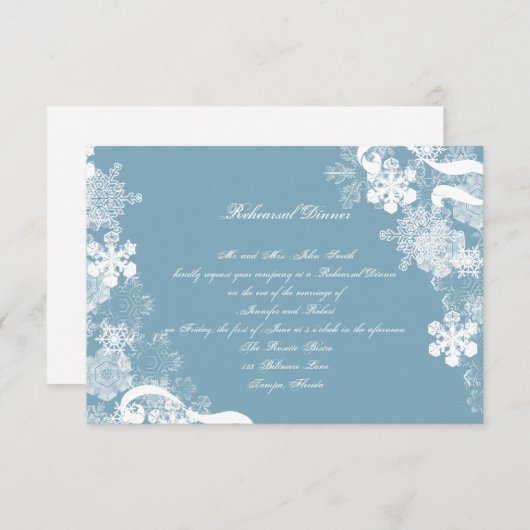 Winter Blue White Snowflake Wedding Rehearsal Kaart (Voorkant / Achterkant)