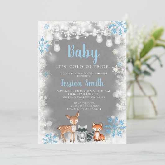 Winter Blue Woodland Boy Baby shower Kaart (Staand voorkant)