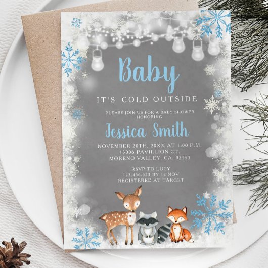 Winter Blue Woodland Boy Baby shower Kaart