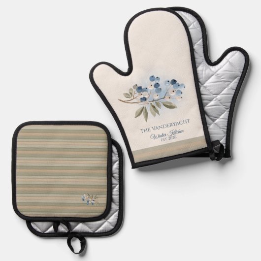 Winter Blueberry Botanical Ovenwant & Pannenlap Set (Voorkant / Achterkant)