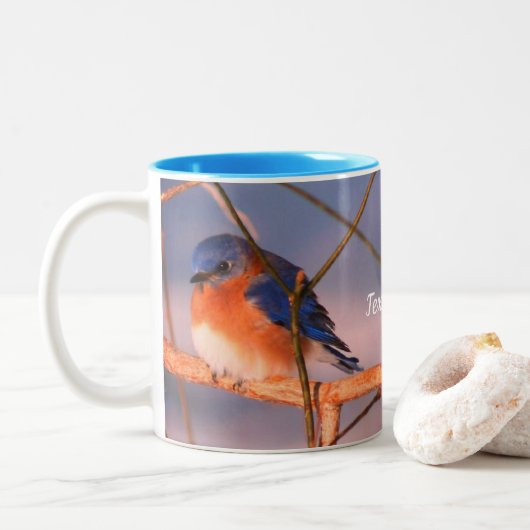 Winter Bluebird Animal Personalized Tweekleurige Koffiemok (Met donut)
