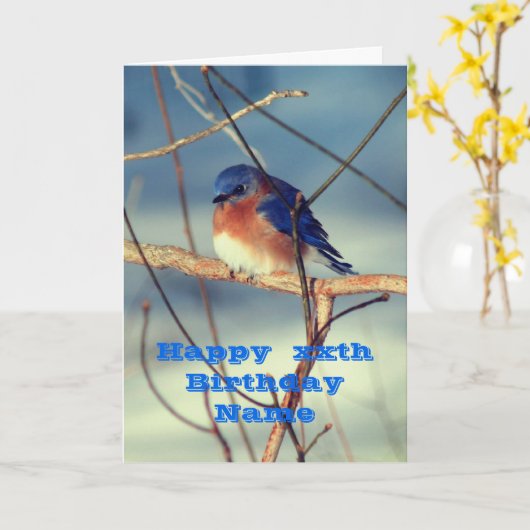 Winter Bluebird Personalized Birthday Kaart (Gele Bloem)