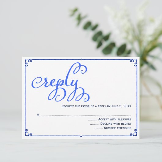 Winter Blues Calligraphy Wedding Reply Kaart (Staand voorkant)