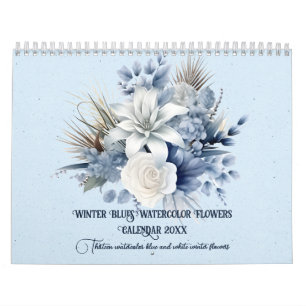 Winter Blues Waterverf Bloemen 20xx Kalender
