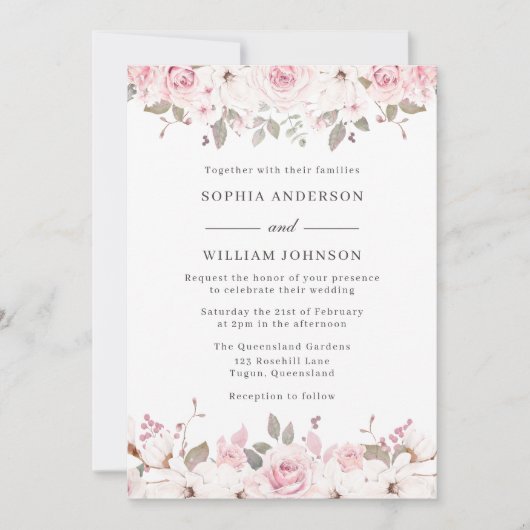 Winter Blush & Gray Waterverf Floral Roos Weddensc Kaart (Voorkant)