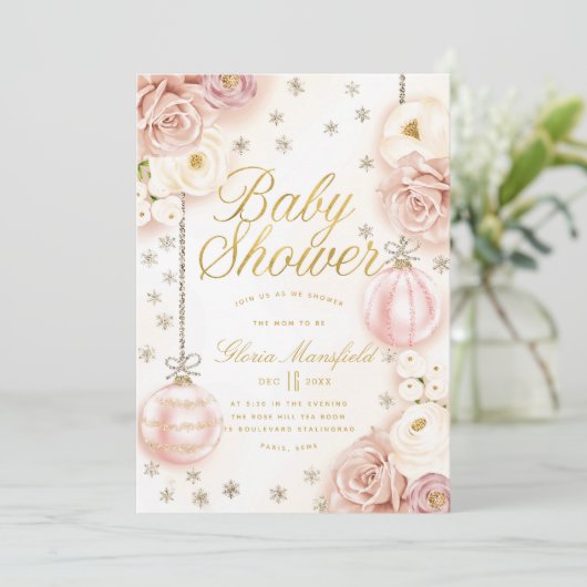 Winter Blush Roze Bloemen Baby Shower Kaart (Staand voorkant)