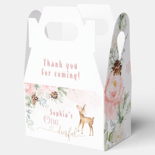 Winter blush roze eerste verjaardag hert bedankdoosjes (Geopend)