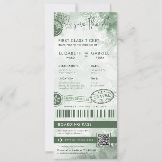Winter Boarding Pass bestemming bruiloft Kaart (Voorkant)
